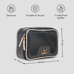 Personalised black leather vanity pouch with features