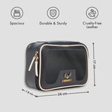 Personalised black leather vanity pouch with features