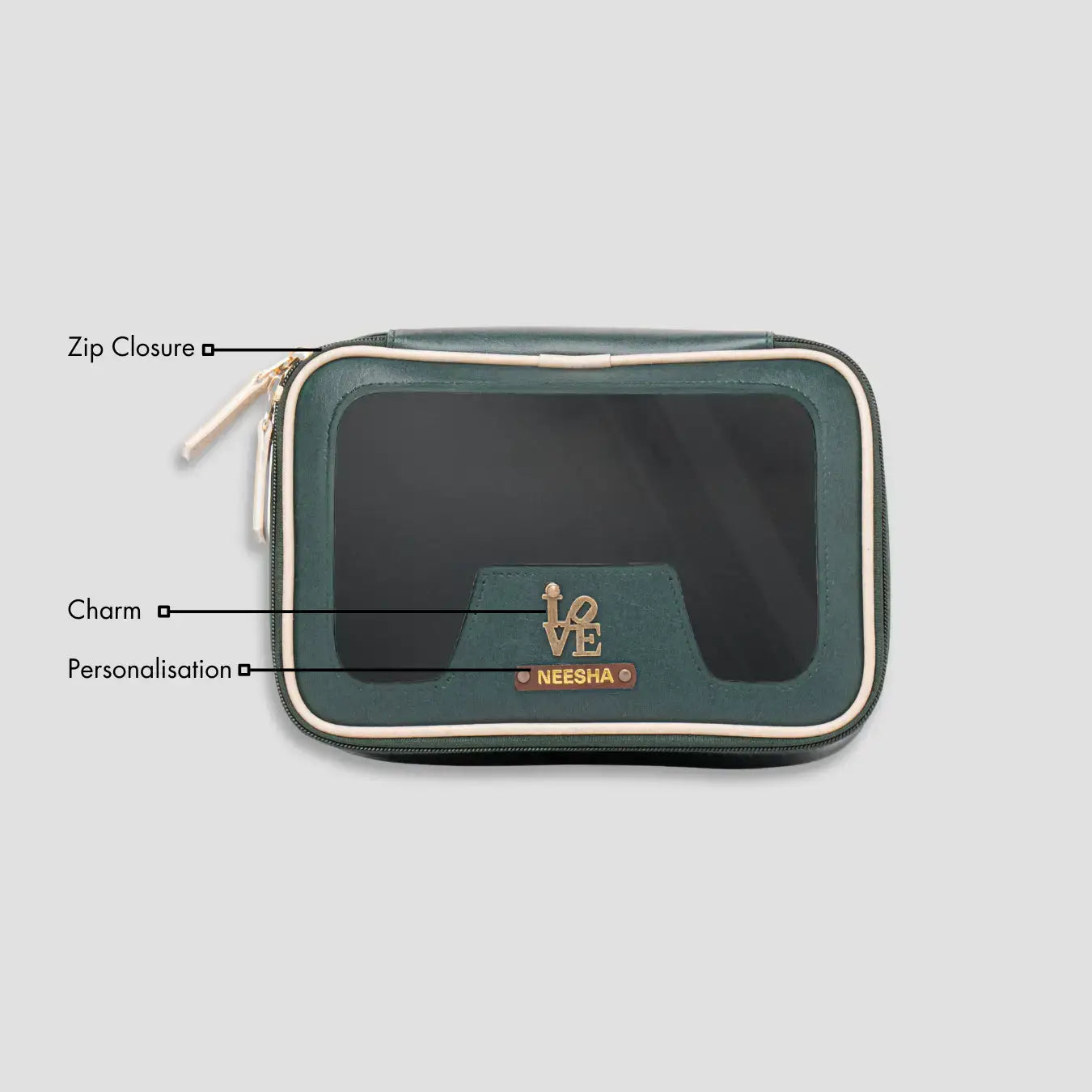 Green leather makeup pouch with features