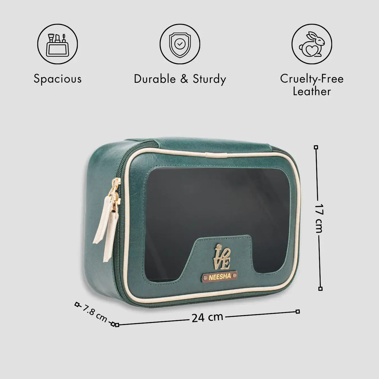 Personalised green leather vanity pouch with features