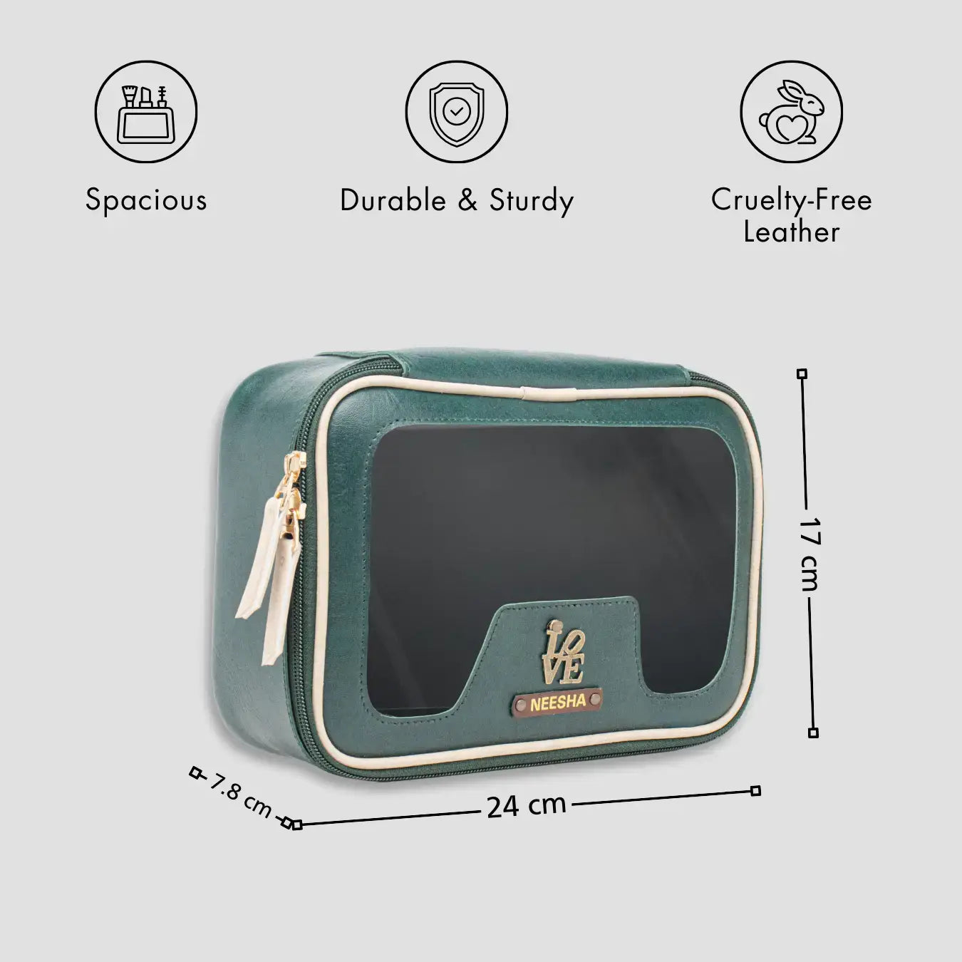Personalised green leather vanity pouch with features