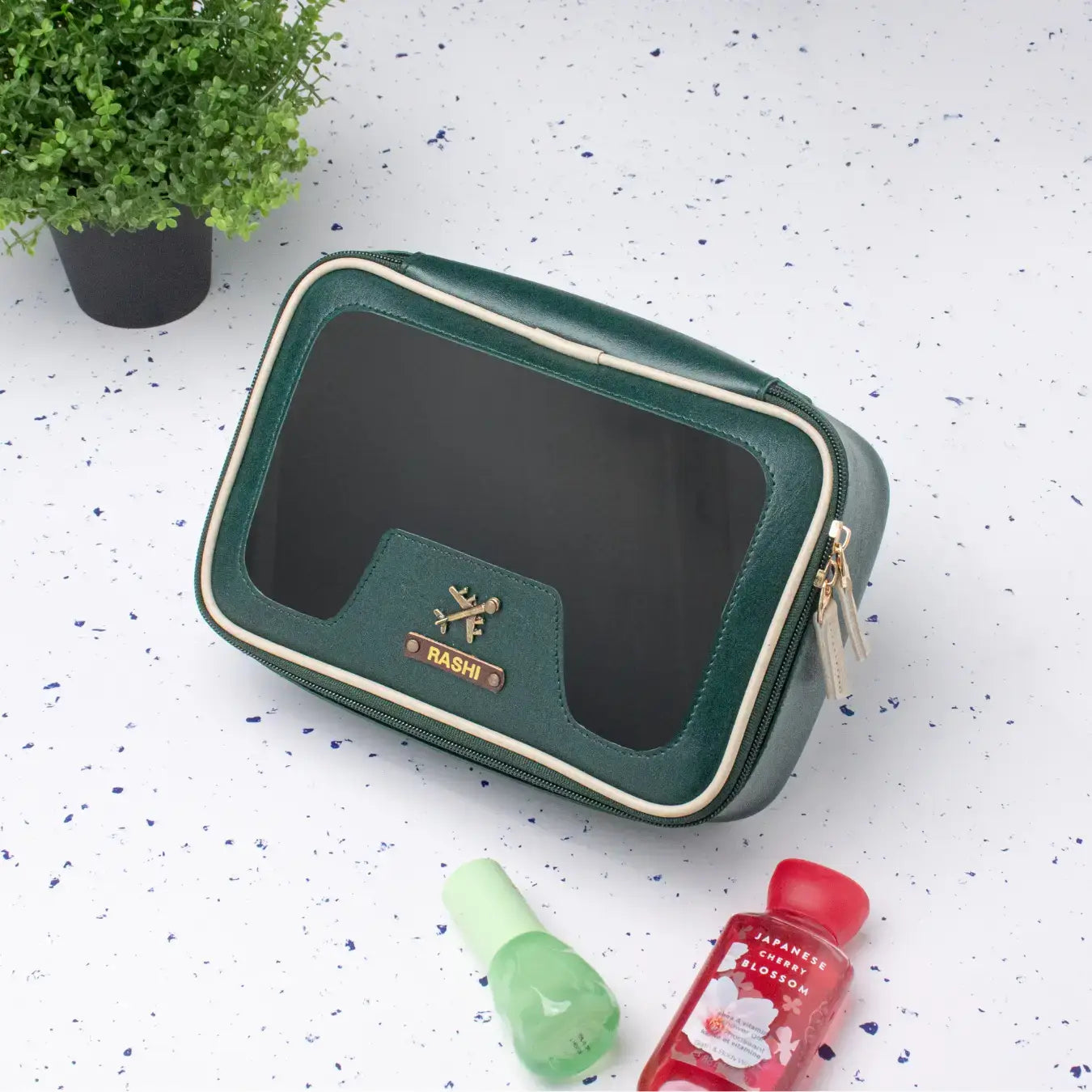 Personalised Green leather vanity pouch 