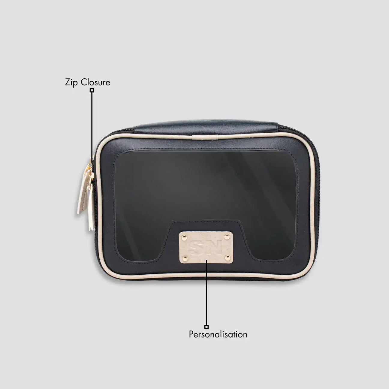Black leather vanity pouch with features