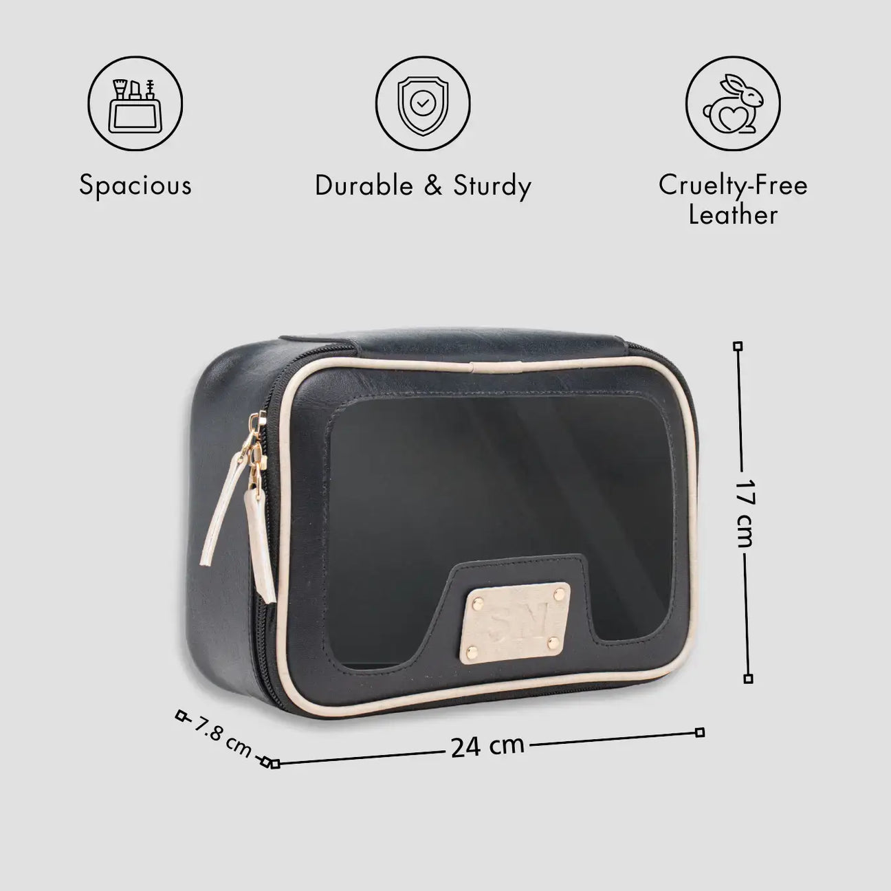 Personalised black leather vanity pouch with features