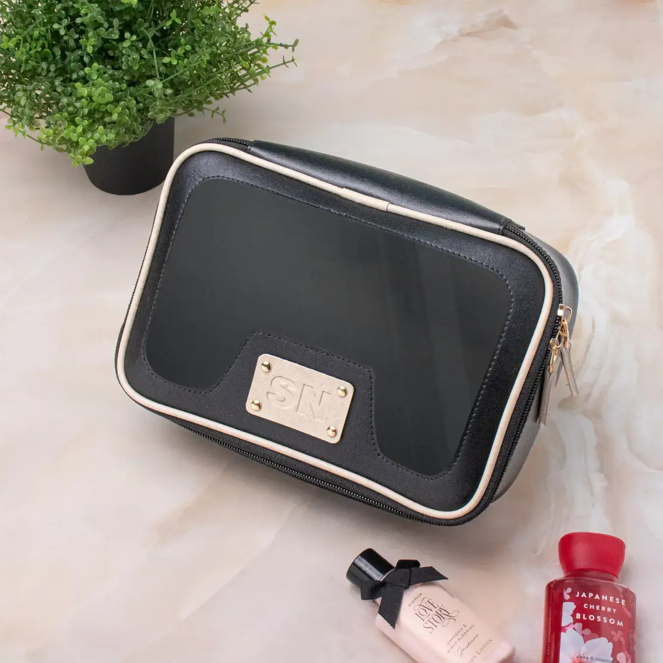 Personalised maroon leather vanity pouch with clear window