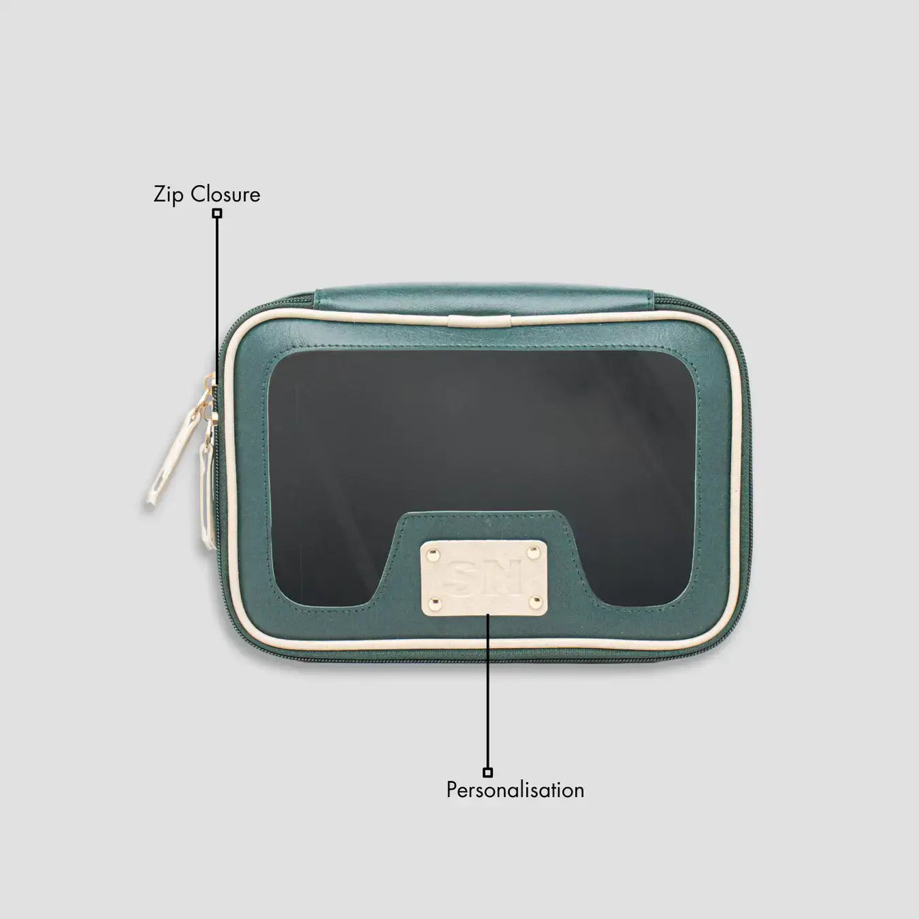 Green leather makeup pouch with features