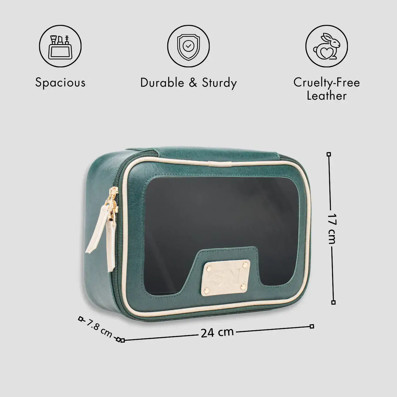 Personalised green leather vanity pouch with features