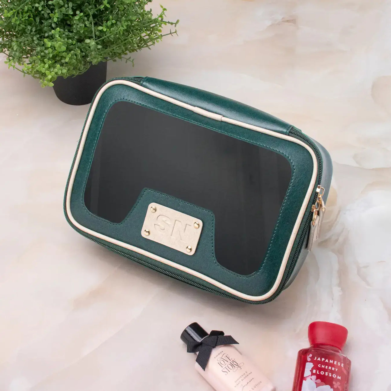 Personalised Green leather vanity pouch 