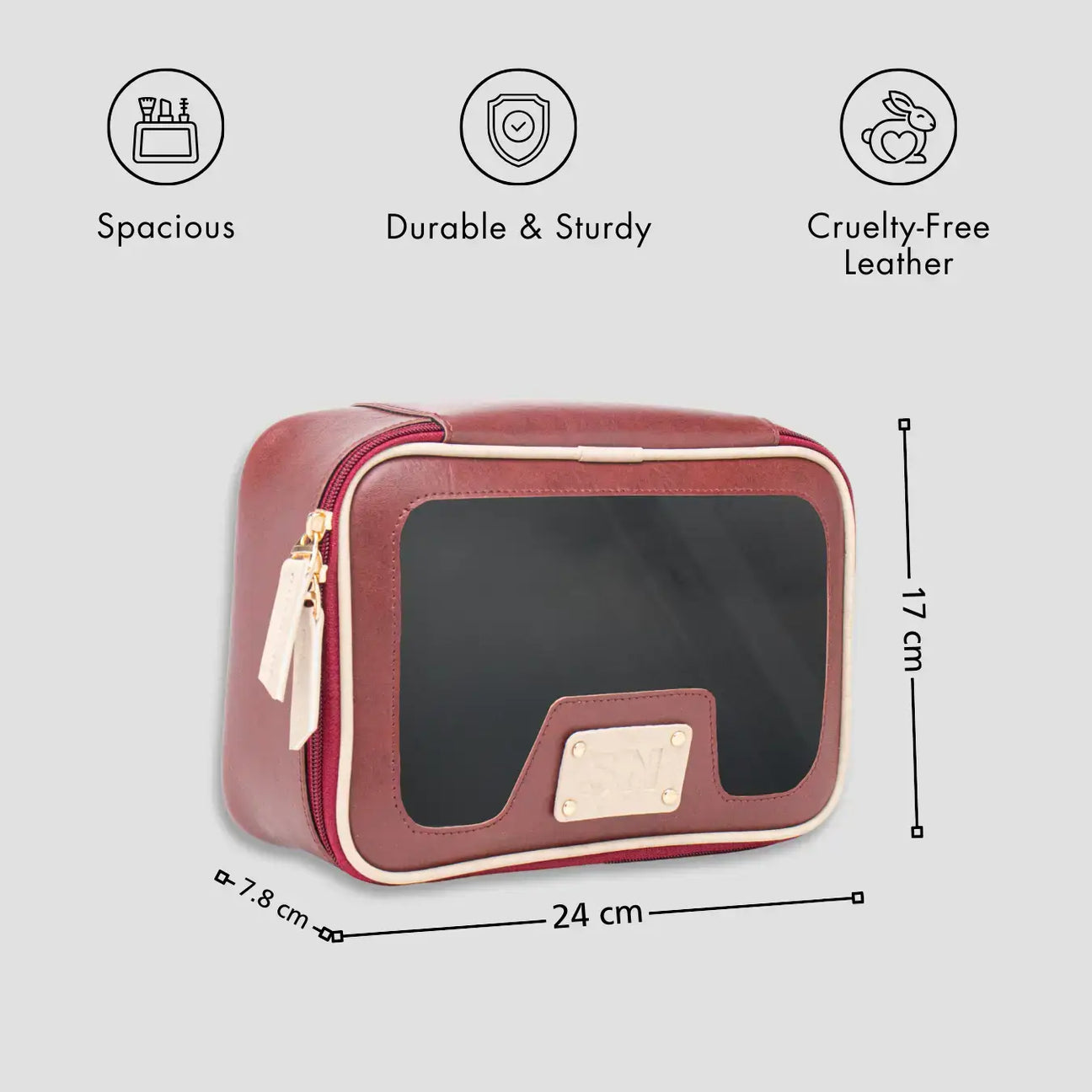 Personalised maroon leather vanity pouch with features