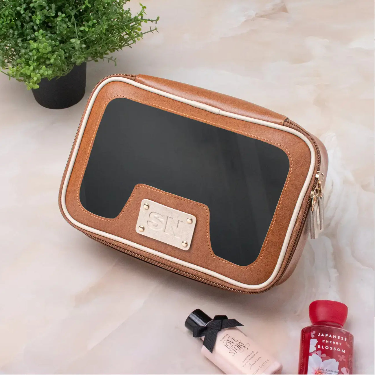 Personalised tan leather vanity pouch 