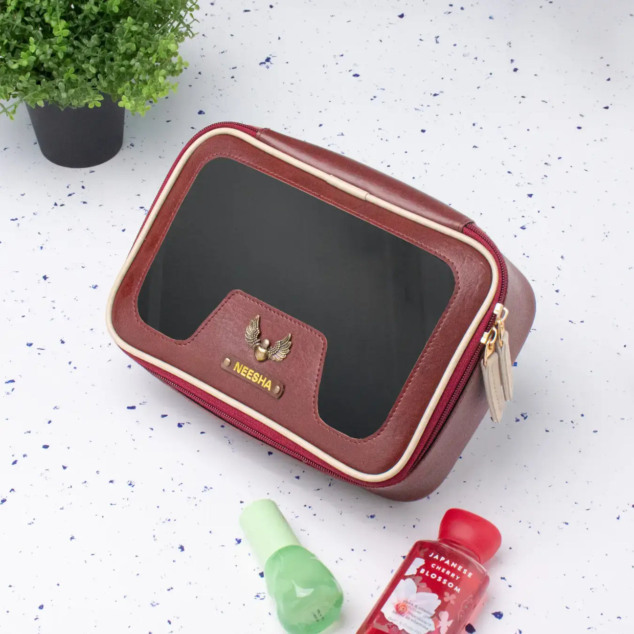 Personalised maroon leather vanity pouch with clear window