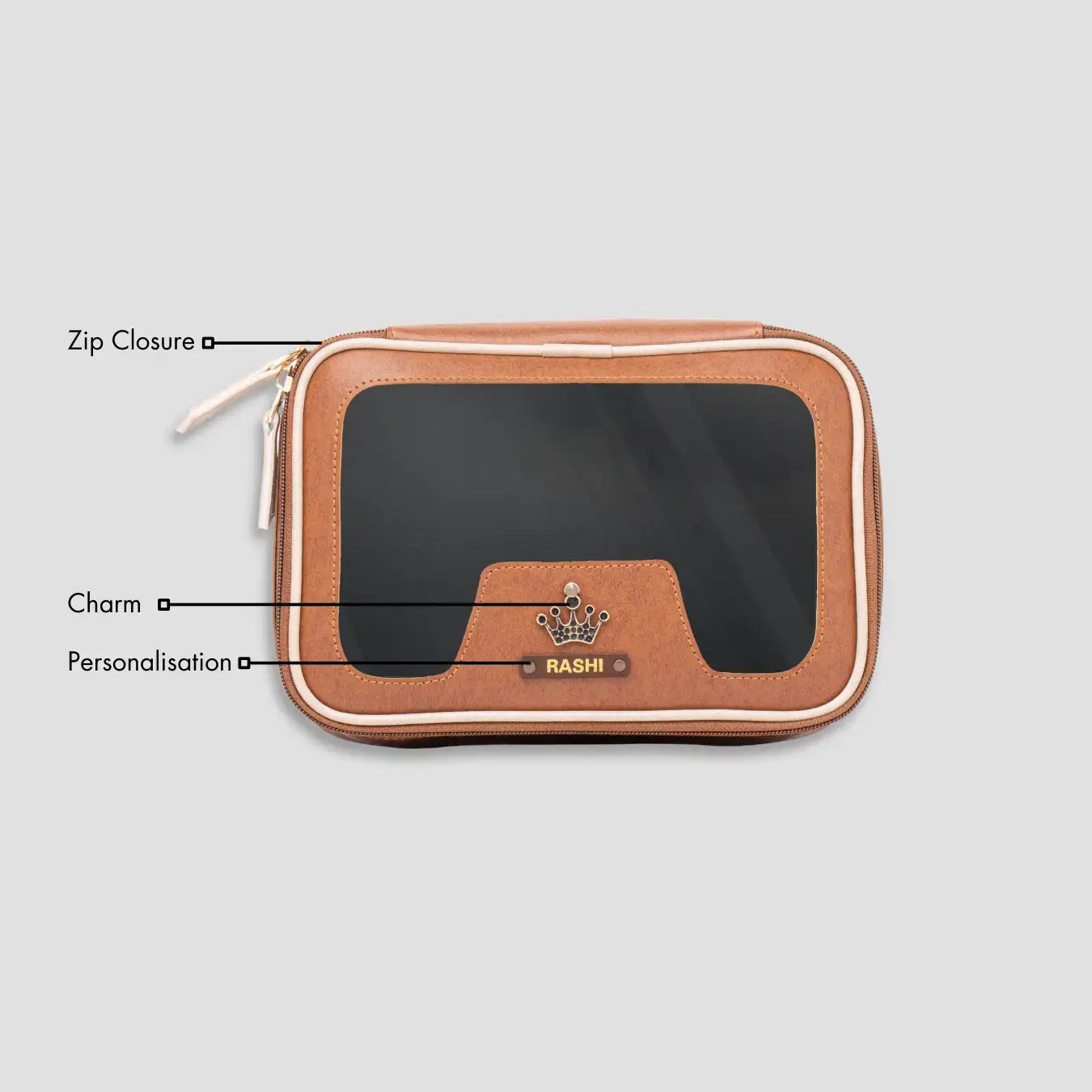 Personalised Tan leather vanity pouch with features