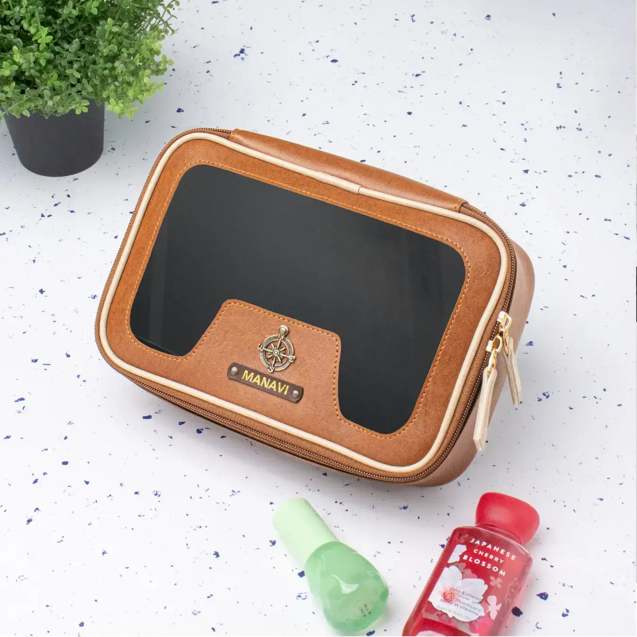 Personalised tan leather vanity pouch with clear window
