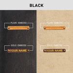 Plain and gold embossed name customization on leather