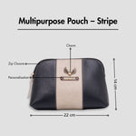Green multipurpose pouch with zip closure, personalization, and size dimensions displayed