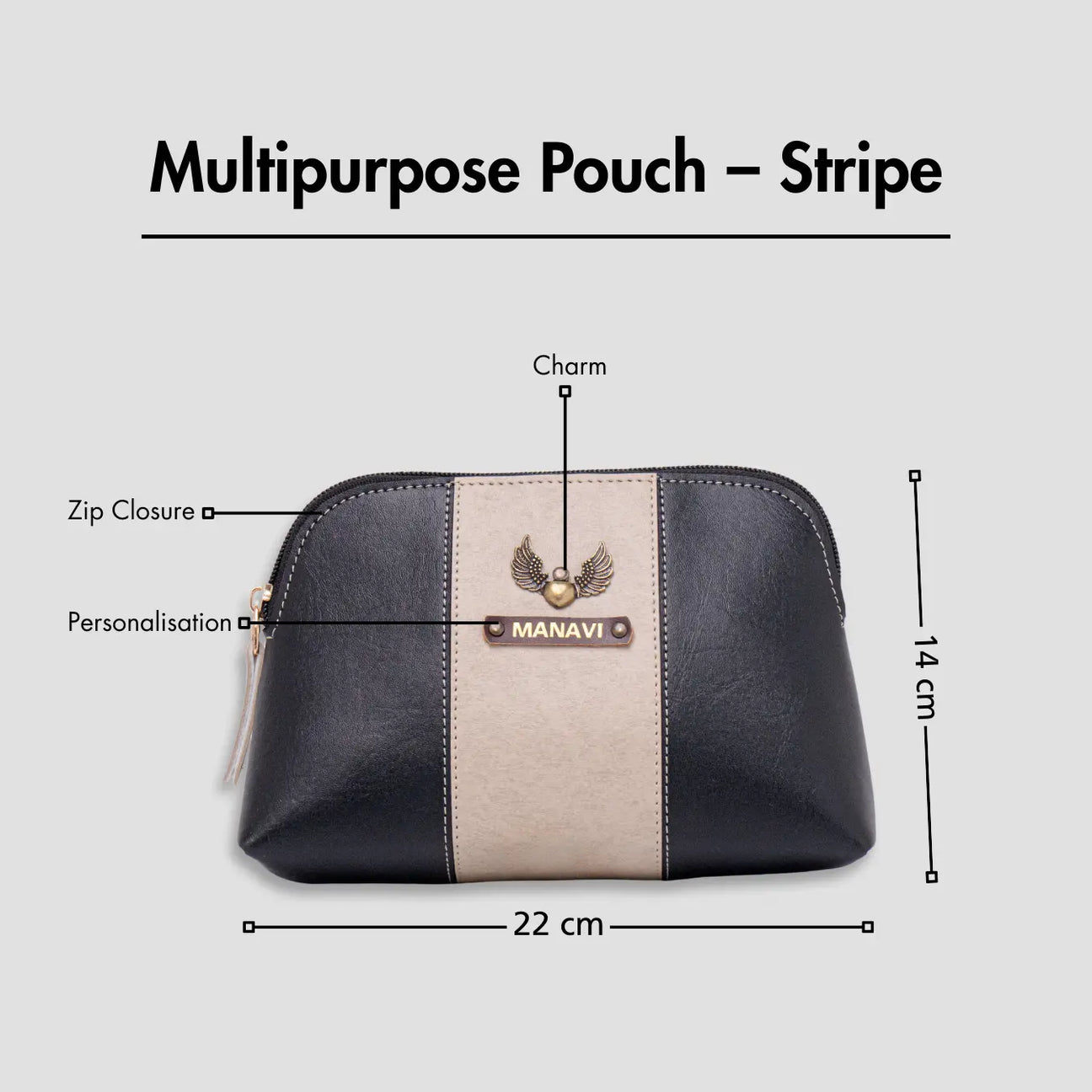 Green multipurpose pouch with zip closure, personalization, and size dimensions displayed