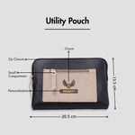 Black utility pouch with zip closure, personalization, and size dimensions displayed
