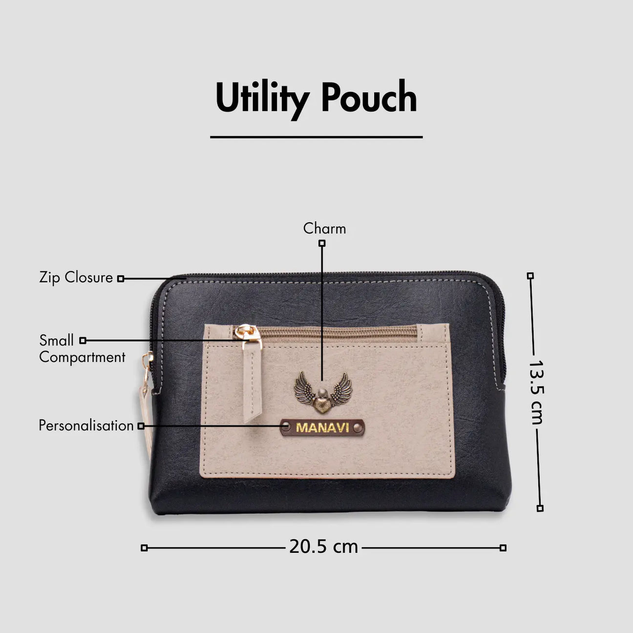 Black utility pouch with zip closure, personalization, and size dimensions displayed