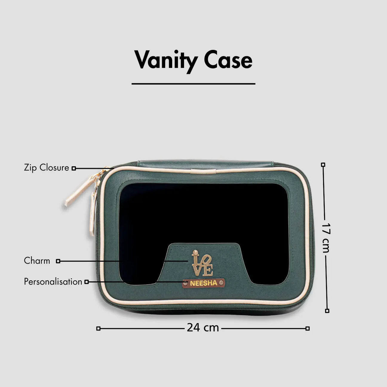 Green vanity case with zip closure, personalization, and size dimensions displayed