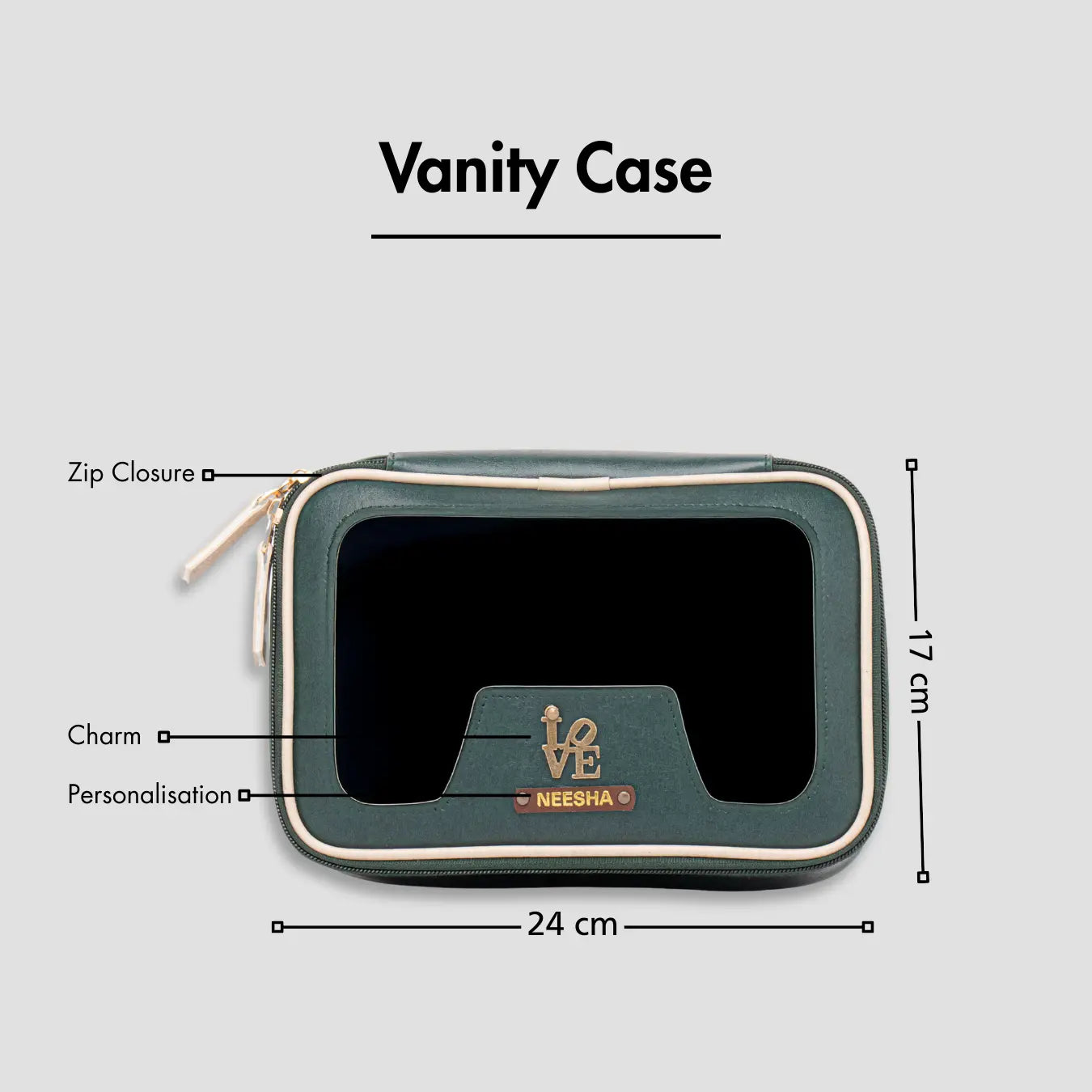 Green vanity case with zip closure, personalization, and size dimensions displayed