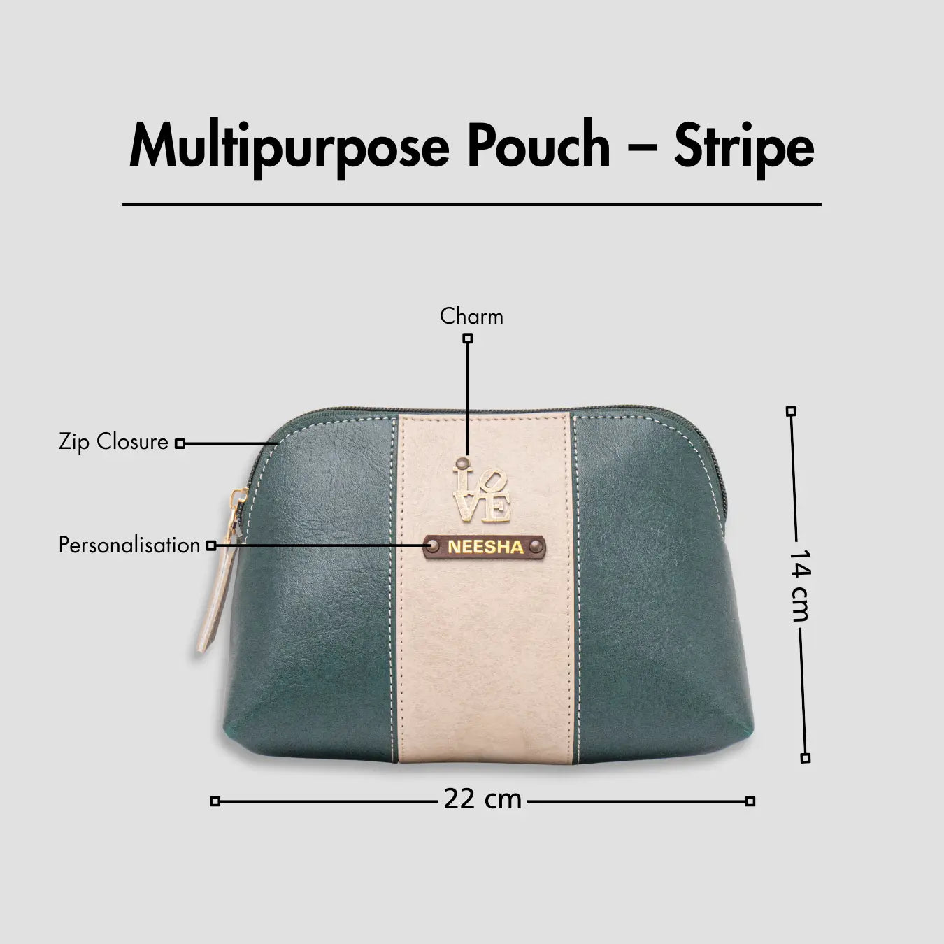 Black multipurpose pouch with zip closure, personalization, and size dimensions displayed