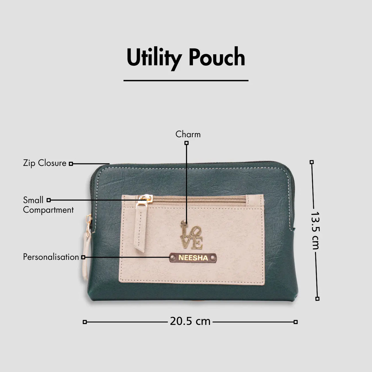 Green utility pouch with zip closure, personalization, and size dimensions displayed