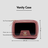 Maroon vanity case with zip closure, personalization, and size dimensions displayed