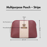 Maroon multipurpose pouch with zip closure, personalization, and size dimensions displayed