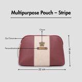 Maroon multipurpose pouch with zip closure, personalization, and size dimensions displayed