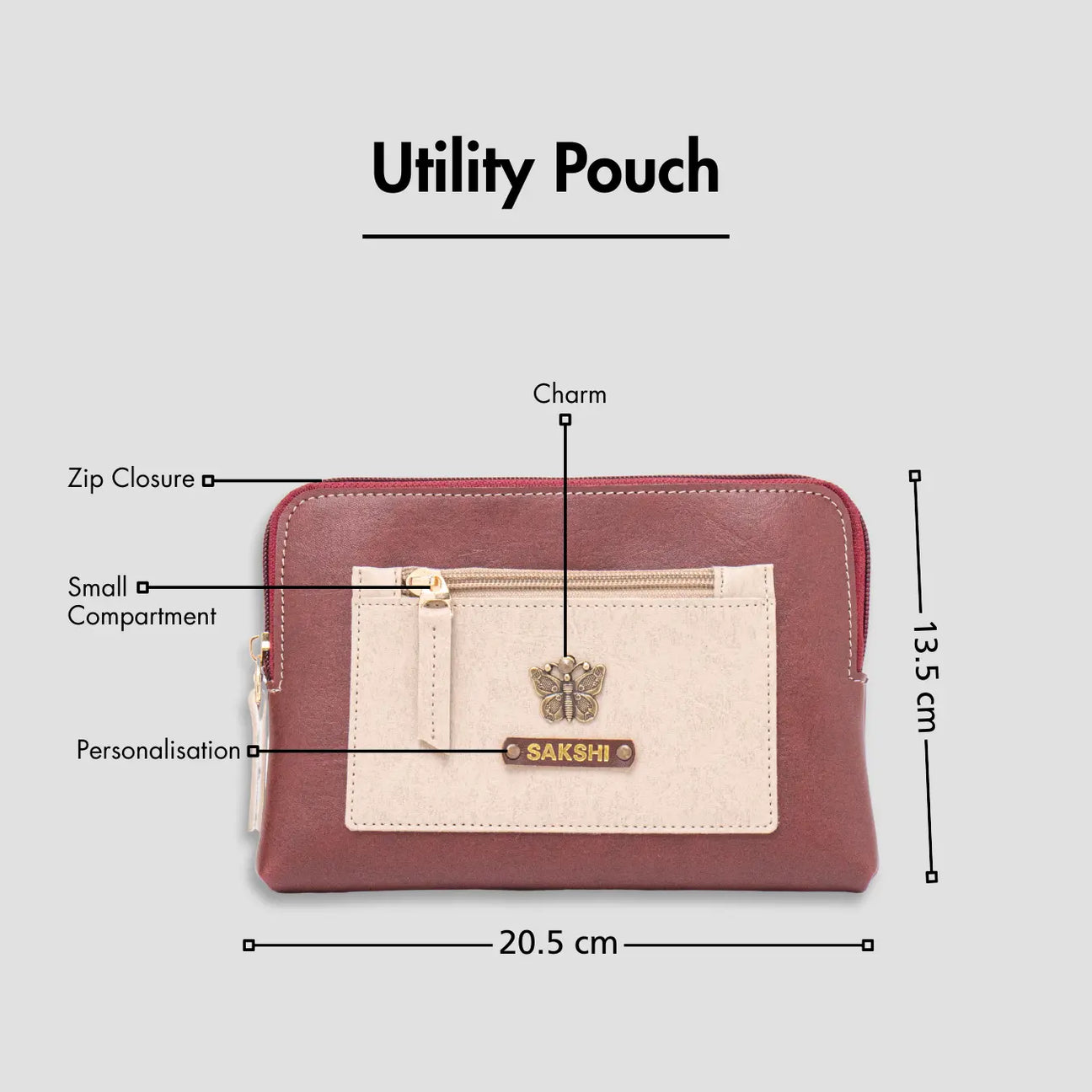 Maroon utility pouch with zip closure, personalization, and size dimensions displayed