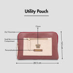 Maroon utility pouch with zip closure, personalization, and size dimensions displayed