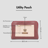Maroon utility pouch with zip closure, personalization, and size dimensions displayed