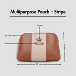 Tan multipurpose pouch with zip closure, personalization, and size dimensions displayed