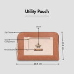 Tan utility pouch with zip closure, personalization, and size dimensions displayed