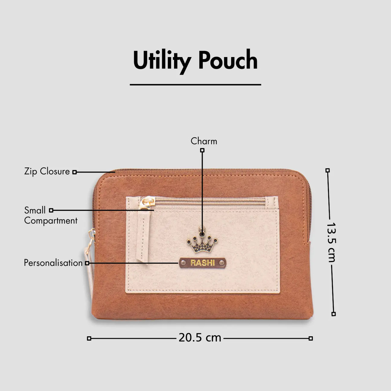 Tan utility pouch with zip closure, personalization, and size dimensions displayed