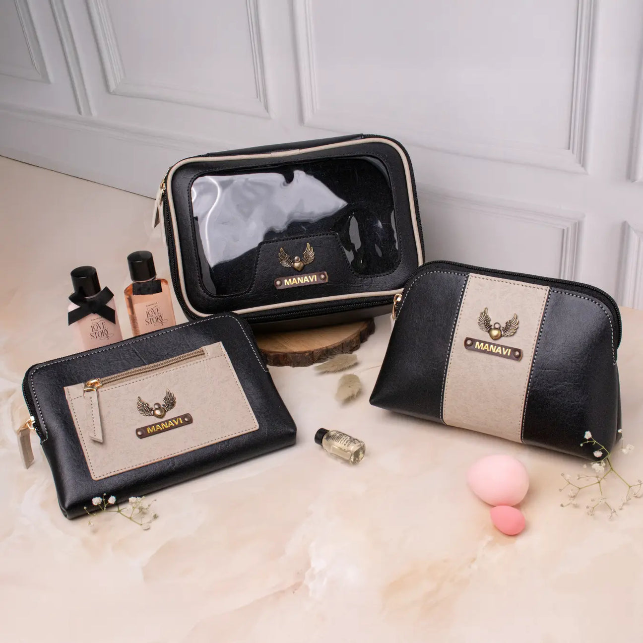 Personalized black vanity pouch, utility pouch, multipurpose pouch with name plate detailing