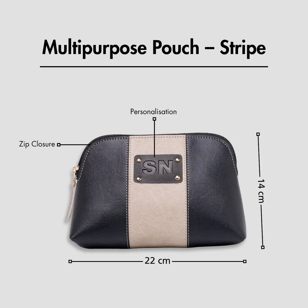Black multipurpose pouch with zip closure, personalization, and size dimensions displayed