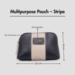 Black multipurpose pouch with zip closure, personalization, and size dimensions displayed