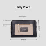 Black utility pouch with zip closure, personalization, and size dimensions displayed