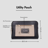 Black utility pouch with zip closure, personalization, and size dimensions displayed