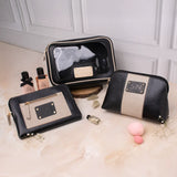 Personalized black vanity pouch, utility pouch, multipurpose pouch with name plate detailing