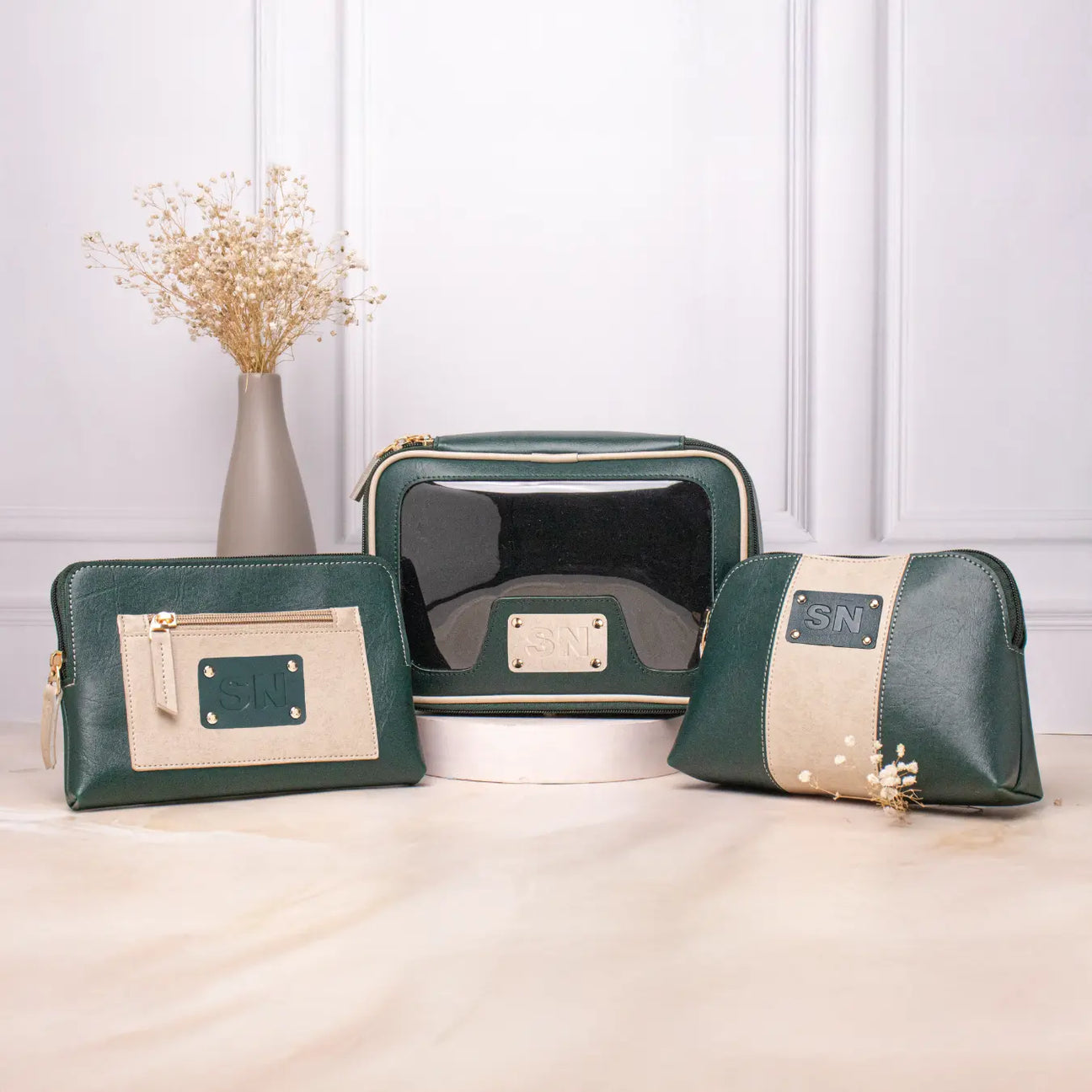 Personalized green vanity pouch, utility pouch, multipurpose pouch with name plate detailing