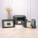 Personalized green vanity pouch, utility pouch, multipurpose pouch with name plate detailing