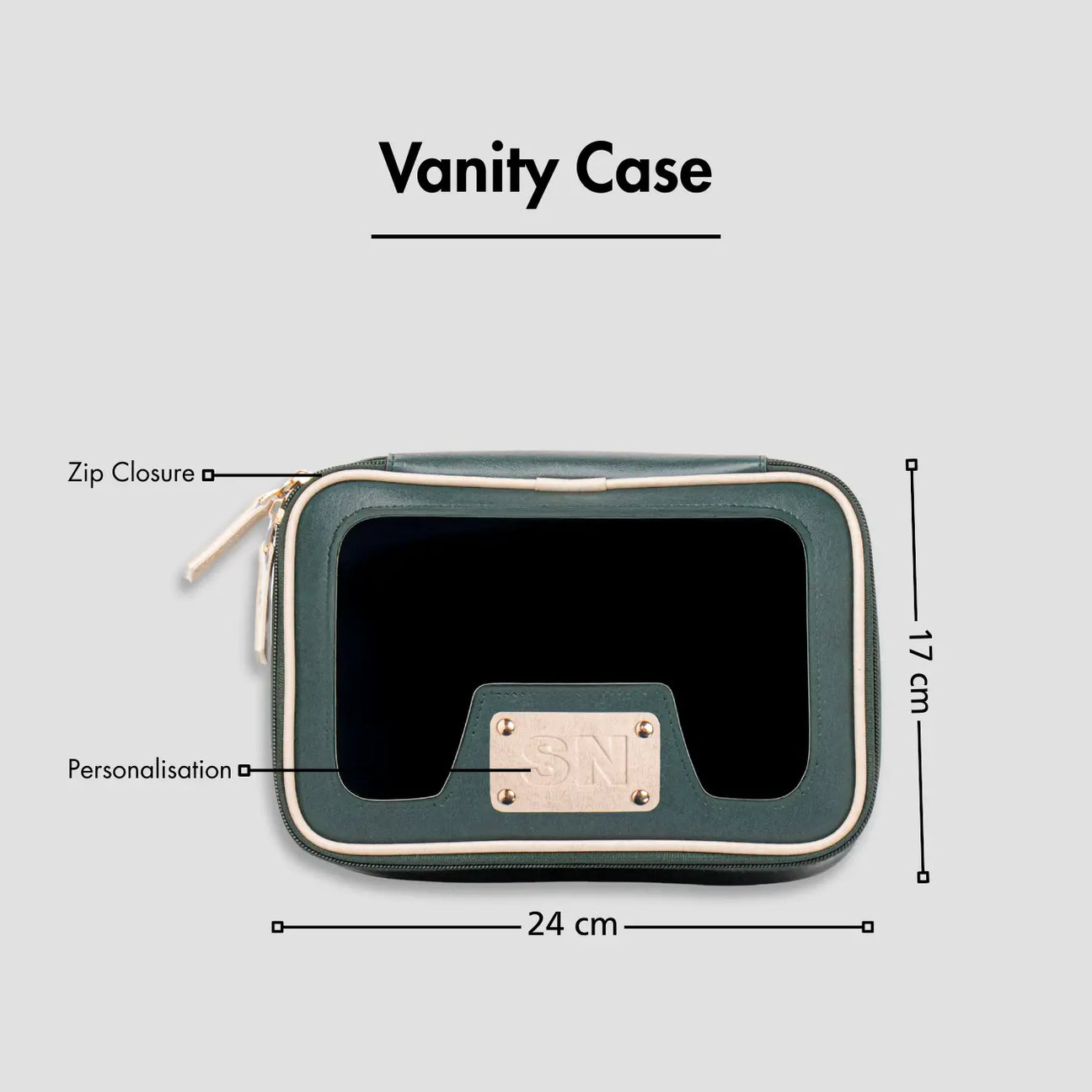 Green vanity case with zip closure, personalization, and size dimensions displayed