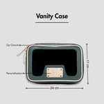 Green vanity case with zip closure, personalization, and size dimensions displayed