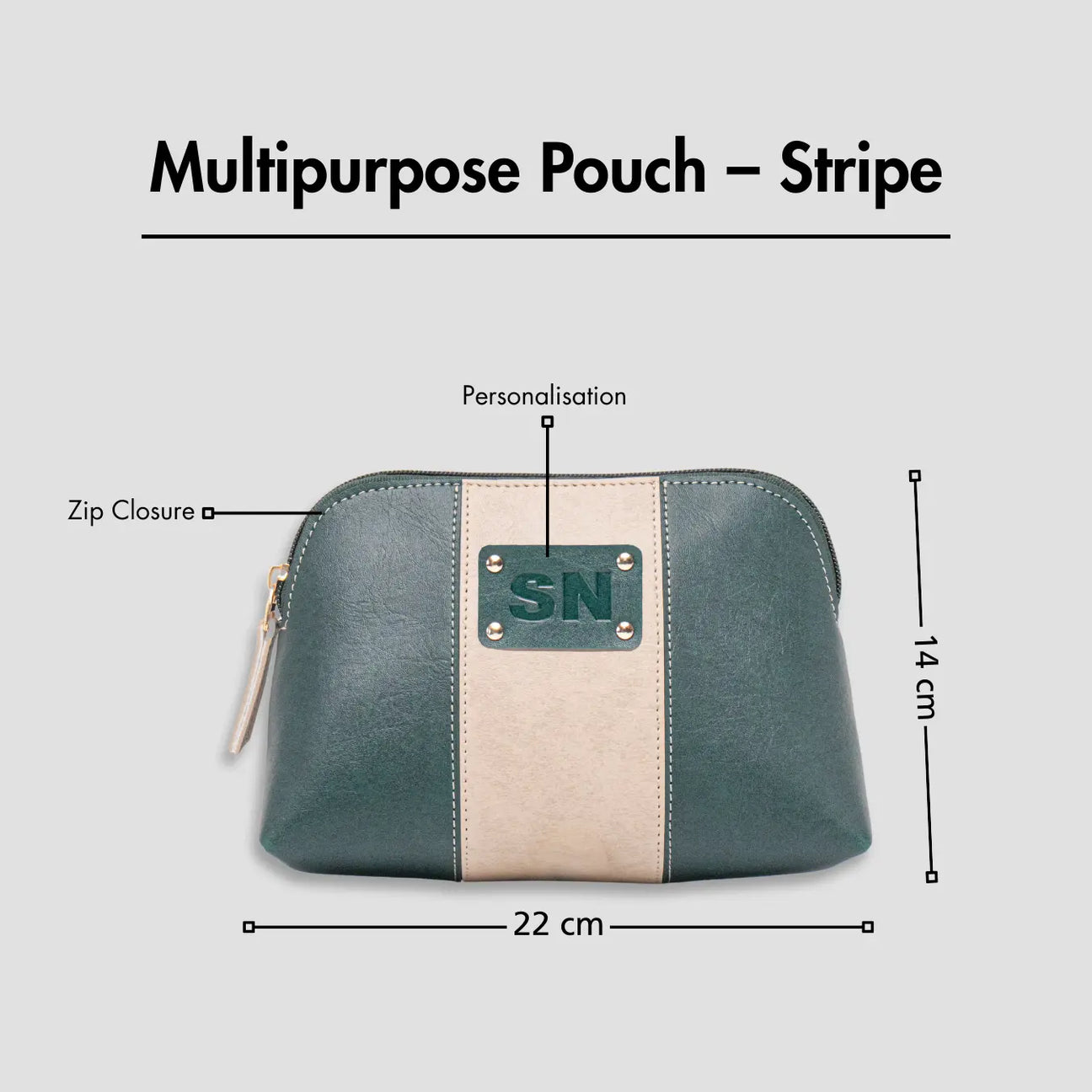 Green multipurpose pouch with zip closure, personalization, and size dimensions displayed