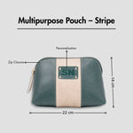 Green multipurpose pouch with zip closure, personalization, and size dimensions displayed