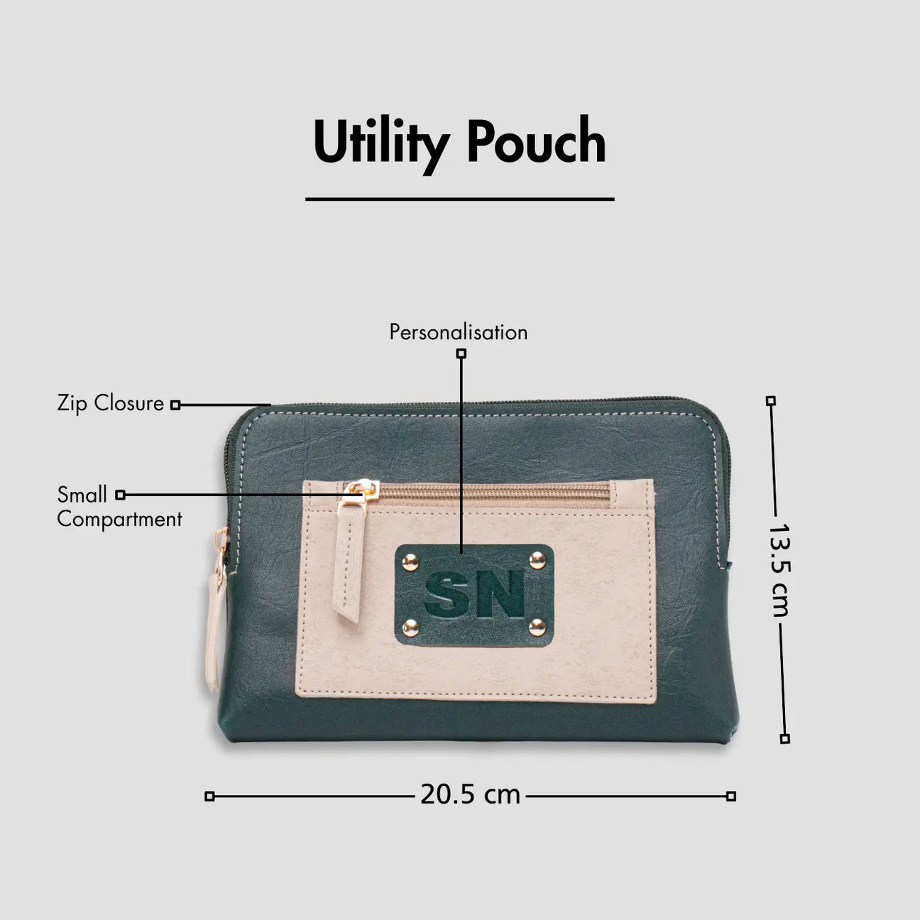 Green utility pouch with zip closure, personalization, and size dimensions displayed
