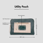 Green utility pouch with zip closure, personalization, and size dimensions displayed