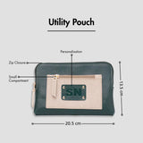 Green utility pouch with zip closure, personalization, and size dimensions displayed